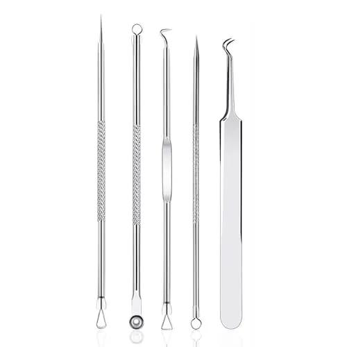 5 Pièces Blackhead Remover Outil,Pimple Extractor Acne aiguille Blackhead Remover Set,d’extracteur de point-noir,Acier Inoxydable Point D'acné Comédon Extracteur Pince À Épiler Kit(Argent)