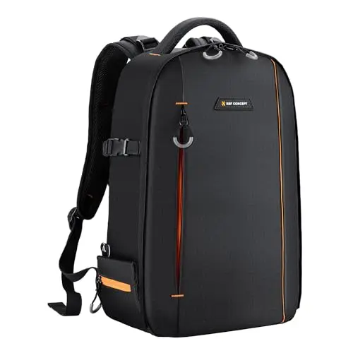 K&F CONCEPT Sac à dos photo étanche pour appareil photo avec compartiment pour ordinateur portable pour Canon Sony Nikon Olympus SLR/DSLR, objectif et accessoires, léger (noir + orange)