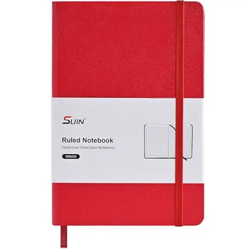 SUIN Carnet professionnel ligné à couverture rigide pour le travail, papier de soin des yeux 100 g/m², couverture en cuir synthétique, journal A5 pour le travail, l'école et la prise de notes, rouge