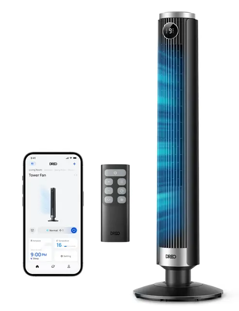 DREO Ventilateur colonne intelligent 554S, ventilateur sur pied réglable 102–114 cm, 8.4 m/s, oscillation 90°, silencieux 20 dB, 9 vitesses, 4 modes, minuterie 12 h, compatible Google et Alexa