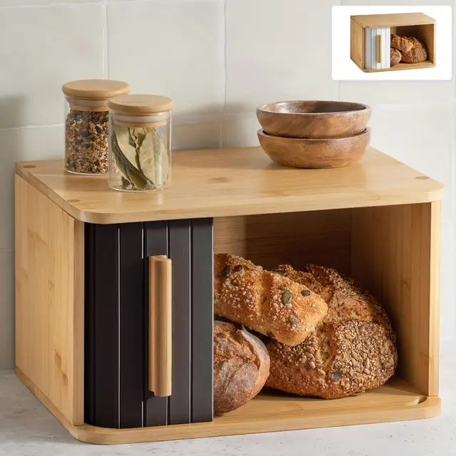 Praknu Boîte à Pain En Bois FSC® Avec Porte Coulissante - Rangement Du Pain Petit 33 × 23 Cm - Peu Encombrante Et Élégante Pour Une Fraîcheur Plus Longue (Noir)