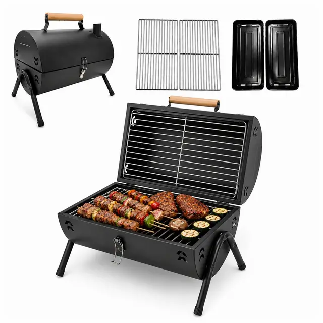 Barbecue à Charbon de Bois Portable, Mini Barbecue Smoker avec Couvercle et Cheminée, BBQ Camping de Table avec Double Grille pour Jardin Terrasse