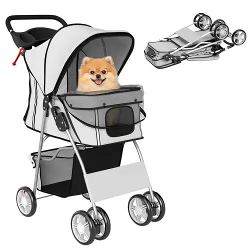 PawHut Poussette Buggy Pliable Animaux, Chariot Pliante Imperméable pour Chien et Chat, Toit Amovible Incluse, Porte-Gobelet, Panier de Rangement, Roues avec Frein, Tissu 600D Oxford, Acier, Gris