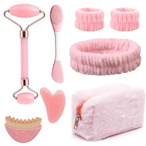 8 Pièces Kit Massage Gua Sha, Gua Sha Visage Quartz Rose, Gua Sha Pierres, Roller Massage, Brosse Contour du Visage, Bandeau, Trousse de Maquillage, Massage Cou Muscles