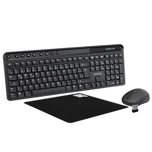 NEWWAY NKMP252 Kabellose Tastatur Maus Set 2,4 GHz AI Copilot – QWERTZ Deutsch – Leise Tasten, 14 Multimedia-Tasten, Leichte Ergonomische 6-Tasten-Maus, Mauspad Inklusive, Lange Batterielaufzeit