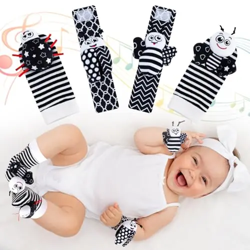 4 Pcs Bébé Poignet et Chaussettes Hochet Bebe Bell Strap Poignet et Pied Finder Jouets D'éVeil Jouet Développement Sensoriel Bebe Naissance Cadeau pour Fille Garçons 0 à 12 Mois