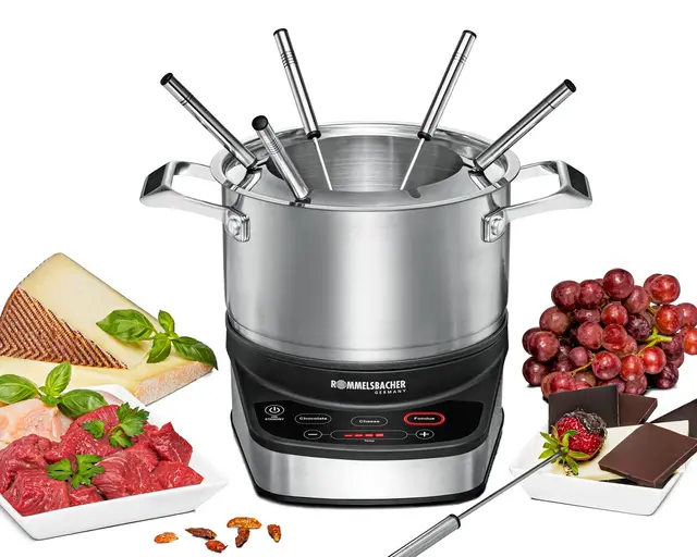 ROMMELSBACHER Set à fondue électrique F 1200 – Casserole à fondue en acier inoxydable (2,5 litres), 6 fourchettes à fondue, 3 programmes, câble extra long, haute précision de température, 1200 W