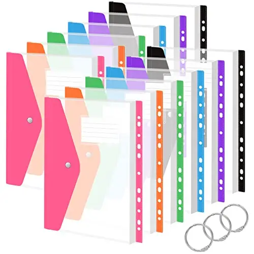 Pochette Plastique A4, Vakki Pochettes Porte-Documents avec Rabat, Pochette Perforee Transparente Couleurs, Classeur Pochette Lot de 12