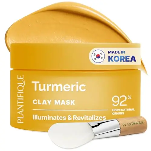 PLANTIFIQUE Masque à l'Argile de Curcuma Coréen avec Vitamine C – Cible les Taches Sombres, Affine les Pores, Hydrate et Apaise – Inclus Spatule – Masque à l'Argile au Curcuma, 110g / 3,88 oz