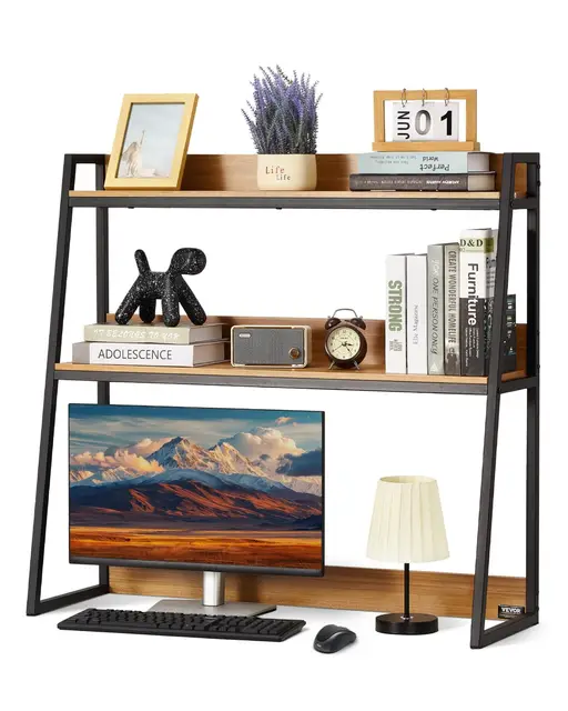 VEVOR Étagère à Poser sur Bureau à 2 Niveaux, Bibliothèque de Bureau 95 x 32 x 90 cm, Organisateur de Bureau avec Pieds Antidérapants, Support de Rangement Stable pour Maison Dortoir, Couleur de Bois