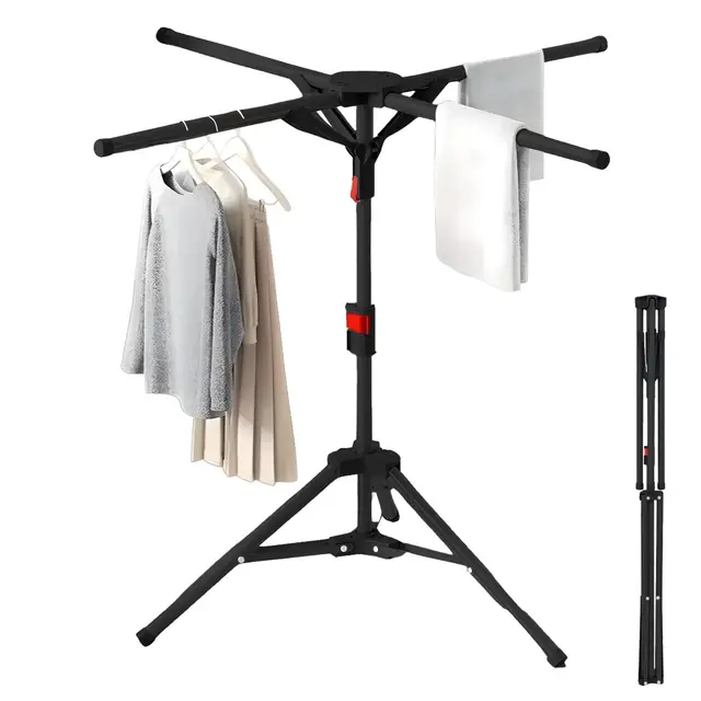 Séchoir à Linge Etendoir à Linge Pliable Intérieur et Extérieur, Sèche Linge avec 4 Bras de Crochet, Hauteur Réglable 130-180cm, Noir