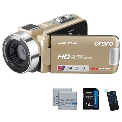 ORDRO Caméscope Full HD 1080p 30MP Zoom numérique 18X Vision nocturne YouTube 3" Écran rotatif à 270° avec carte de 16 Go et 2 batteries Caméra de vlogging Doré