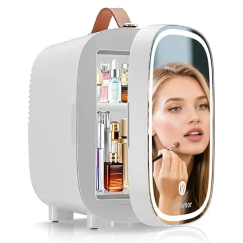 Enventor Mini Frigo 4L/6 canettes, Petit Réfrigérateurs pour soins de la peau avec miroir lumineux LED, CA + 12V CC, refroidisseur et réchauffeur, pour chambres, voiture, cosmétiques, blanc