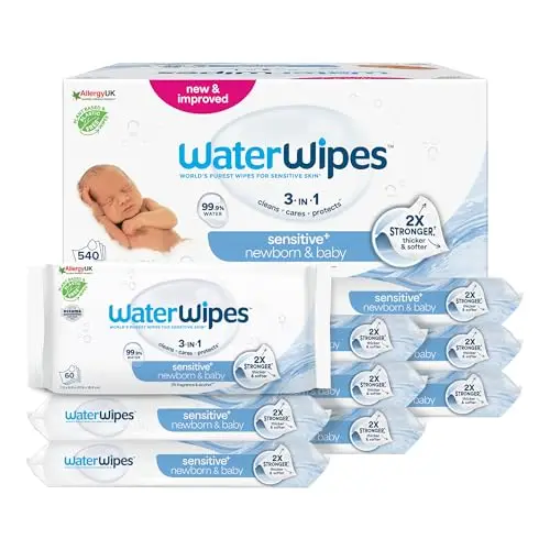 WaterWipes Sensitive+ Newborn & Baby Wipes, Lingettes Pour Nouveau-Nés et Bébés, 540 unités (9 paquets), 3-en-1 nettoie, soigne, protège, 99,9% d'eau, non parfumées