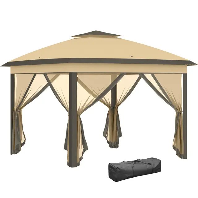 Outsunny Tonnelle Pliante tonnelle de Jardin extérieure 3,3x3,3m Pop-up Double Toit 4 moustiquaires zippées Amovibles + Sac de Transport Barnum de Jardin en Tissu Oxford métal Beige et Marron