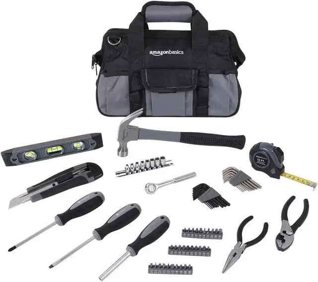Amazon Basics Kit d'outils de réparation de base pour la maison, 65 pièces, avec sac de rangement (argenté, noir)