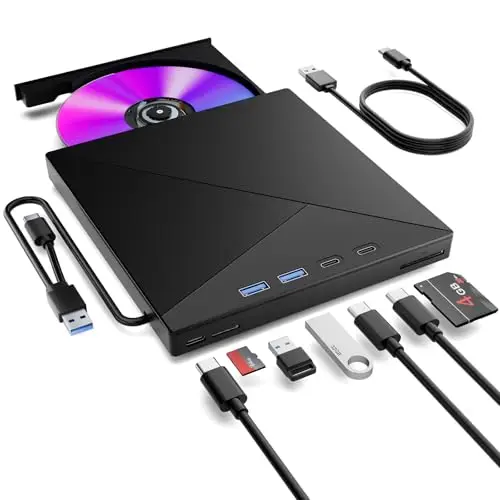 Lecteur CD/DVD Externe pour pour PC,USB 3.0 Mince Portable Graveur Enregistreur et Type-C CD DVD +/-RW, avec Lecteur de Cartes SD TF, Compatible avec Windows 11/10/8/7,Linux, Mac, Linux et PC