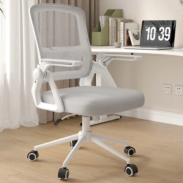 Chaise de Bureau avec Accoudoirs Pliables à 90°, Fauteuil de Bureau en Maille Respirante, Soutien Lombaire Ergonomique, Dossier Inclinable et Hauteur Réglable pour la Maison et le Bureau ,Gris