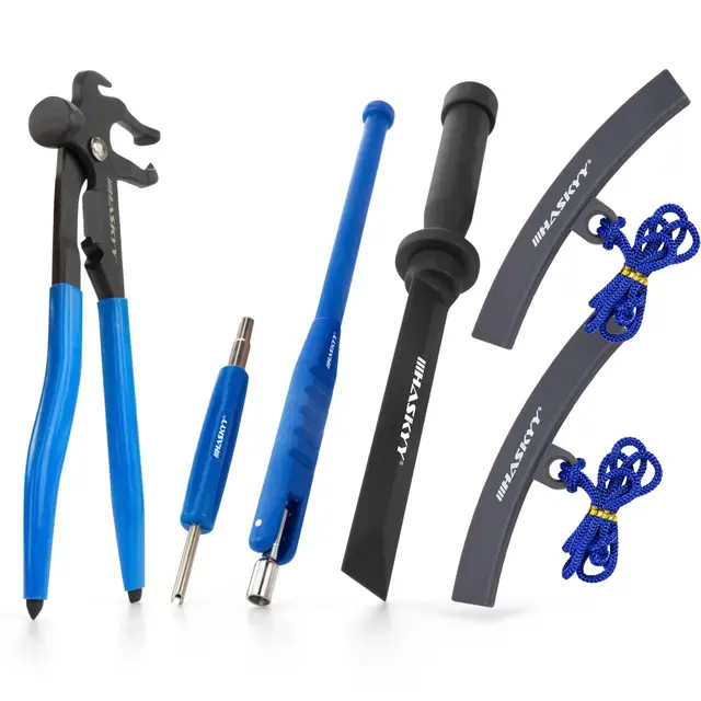 HASKYY Kit d’Outils et Accessoires pour Montage de Pneu (masselotte, grattoir, décapant, démonte-obus, Tire-Valve, Pince pour Masses), Bleu