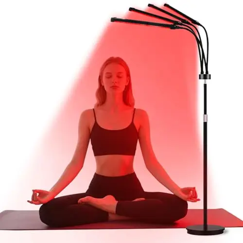 Lampadaire à lumière rouge - Lampe infrarouge avec 660 nm & 850 nm & 940 nm - 3 modes & 5 niveaux de luminosité et minuterie 10/20/30 min - Lumière rouge à 4 têtes pour soulager les douleurs