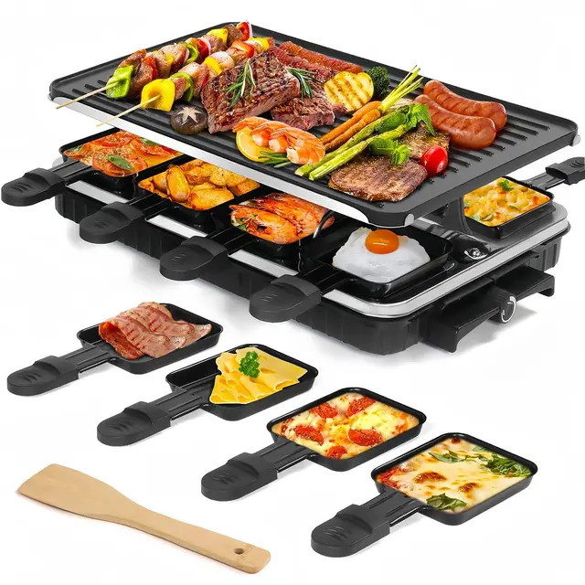 Appareil à Raclette 8 Personnes avec Grille Réversible Antiadhésive, Mini Poêlons en Fromage et Spatule en Bois pour le Barbecue en Intérieur