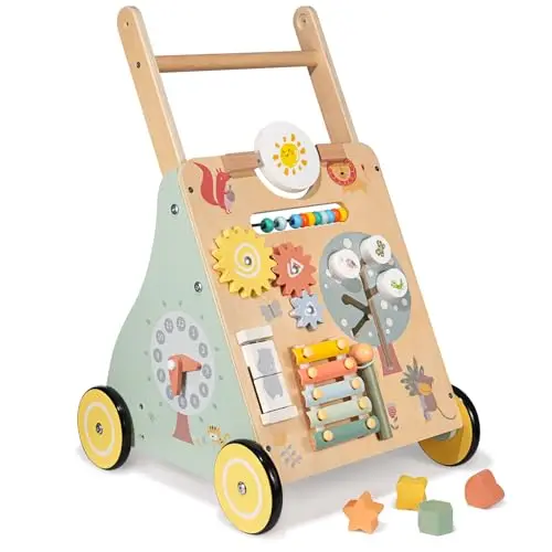 Trotteur Bébé en Bois, Chariot de Marche Bebe en Bois, Jouet Centre d'activité pour Enfant, Baby Walker Cadeau pour Garçons et Filles