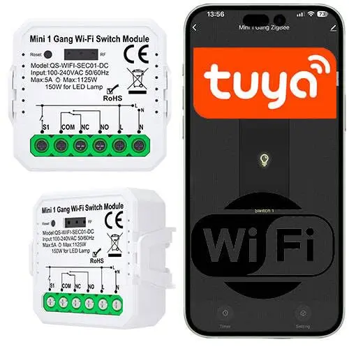 Sone Smart One Relais WiFi Contact Sec NO/NC – Module Connecté Tuya Smart Life – Portail, Chaudière, Contrôle d’Accès – Sans Passerelle – Monostable/Bistable – 5A 1200W