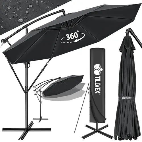 tillvex Parasol déporté hexagonale 3M avec manivelle | Pare-soleil avec pied | Protection UV en aluminium pour le jardin | Parasol à manivelle pour le marché déperlant