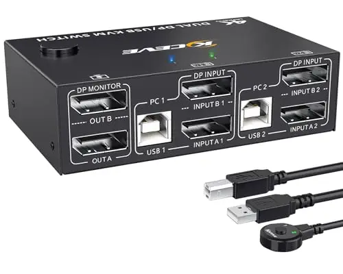 Commutateur KVM Switch Displayport, 2 PC 2 Ecran Affichage étendu 4K@144Hz, DP 1.4 KVM Switch 2 Moniteur pour 2 Ordinateurs à Partager Clavier Souris Sans Fil, 4 Port commutateur USB Avec 5 câbles