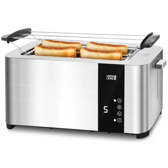 LEBENLANG Toaster grille pain Inox 4 fentes longues - Écran tactile LED & 7 modes I 1400W Grille-pains tactile I Grille-pain large fente smart vintage Grillé Grill pain baguette