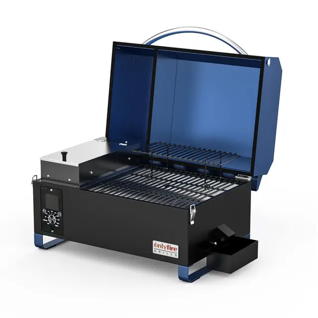Onlyfire Barbecue à Granulés avec Régulateur de Température, Fumoir Compact en Inox avec Grille de Réchauffage, Barbecue à Pellet de Bois Portable, 54,5 x 35,5 x 34 cm, Bleu