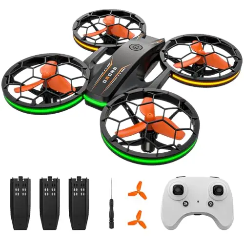 Drones – Drone RC avec maintien automatique de l'altitude et mode sans tête, quadricoptère avec éclairage LED, protection complète des hélices, vrilles 3D, 3 batteries, télécommande