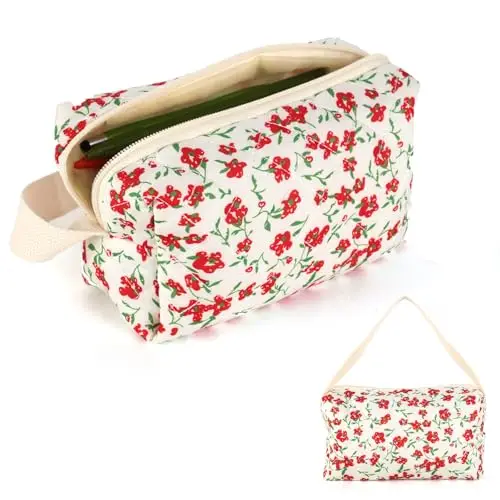 Kaempe Trousse Scolaire, Trousse à Crayons Grande Capacité pour Ecole Bureau, Portable Pencil Case, Trousse Maquillage avec Motif Floral, Pencil Case pour Fille Garcon Femme, Boîte Toilette (Rouge)