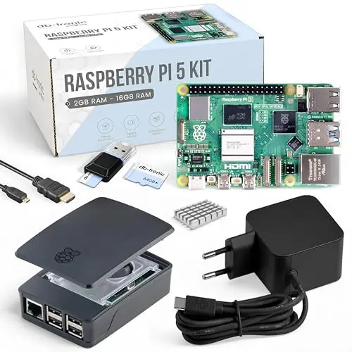Raspberry Pi 5 Starter-Kit Noir | Bloc d'alimentation USB-C 27 W | Boîtier avec Ventilateur | Carte mémoire 64 Go | Câble Micro HDMI 4K 1 m (1 Go RAM)