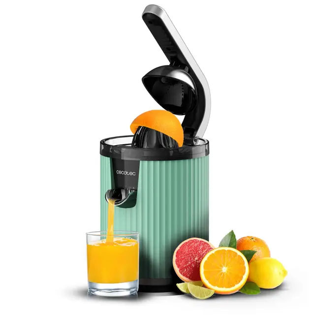 Cecotec Presse-agrumes électrique à bras pour oranges et agrumes Xqueeze RetroJuice 600 Green. 600W, Style rétro, filtre en acier inox, cône plastique, levier pour extraire la pulpe, Anti-gouttes