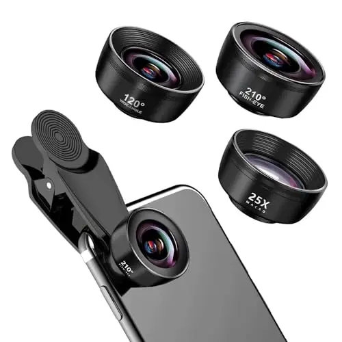 3 en 1 Objectif Telephone Portable, Kit D'objectifs 3 en 1 pour Téléphone Portable, 25X Objectif Macro, 210° Objectif fisheye, 120° Objectif Grand Angle, Objectif pour Smartphone