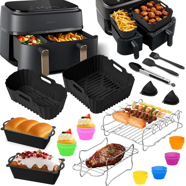 Accessoires Air Fryer pour Philips Dual Basket 3000 5000 Series 9L | Plat Silicone Réutilisables, Moule Air Fryer, Moule Pain, Grille Racks etc Accessoires pour NA350/00 NA550/00 9L(6L/3L), Noir