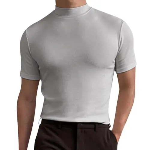 Vêtements pour homme T-shirt à manches courtes avec col roulé pour homme, sweat stretch pour homme, sous-vêtements uni, hauts élastiques, hauts décontractés, basiques, chemisiers avec col montant,