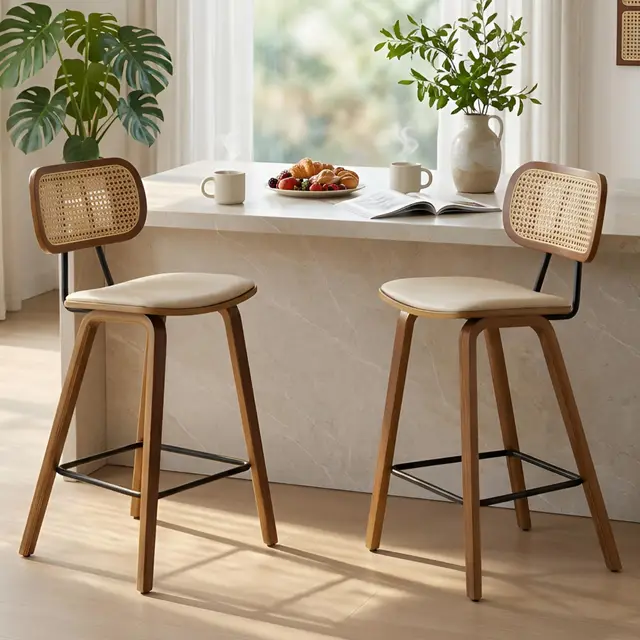 Ya-Home Chaise de Bar en Bois et Rotin Tabouret Bar Moderne Lot de 2 Chaise Bar Vintage Coussin Cuir PU, Tabouret de Cuisine Confortable, Beige