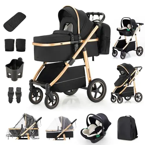 Zkiprm Poussette 3 en 1 SystèMe de Voyage, Landau avec SièGe Auto, Chariot Buggy avec Sac à Dos Et PoignéE RéGlable en Hauteur, Cadre en Alliage D'Aluminium, Adapté aux BéBéS de 0 à 4 Ans Noir