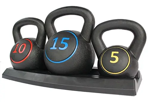 HIONRE Ensemble de poids de kettlebell 3 pièces avec support pour entraînement croisé, entraînement MMA, exercice à domicile - 5, 10 et 15lbs (2,2kg, 4,5kg et 6,8 kg), Noir (KB01S)
