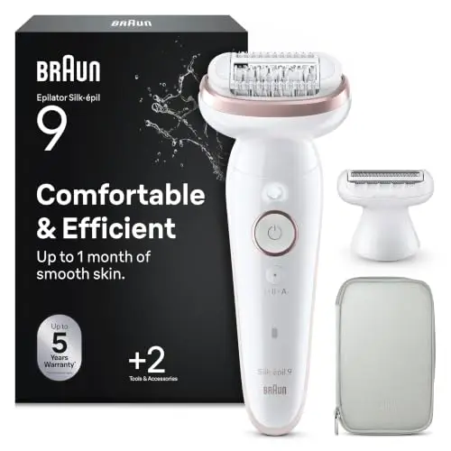 Braun Epilateur Electrique Pour Femmes Silk-épil 9 9-030 Avec Tête Pivotante Pour Epilation Facile, Tête De Rasoir, Sabot Tondeuse Et Rouleaux De Massage, Peau Douce Longue Durée, Blanc/Rose