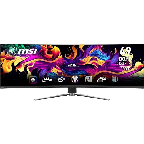 MSI MPG 491CQP QD-OLED Ecran Gaming incurvé 49'' DQHD - 1800R, Dalle Quantum Dot OLED 5120 x 1440, 144 Hz / 0.03 ms, 99% DCI-P3, ΔE≤2, DisplayHDR True Black 400, KVM - DP 1.4a, HDMI 2.1, USB Type-C