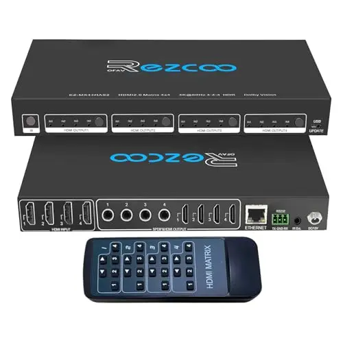 4K @ 60Hz HDMI Matrix 4X4 HDR Coaxial Audio Breakout – HDCP 2.2 HDMI 2.0 Matrix 4x4 18Gbps avec récepteur IR à distance, contrôle IP, RS232, scaler 4K à 1080p EDID Manage MX44-HAS2