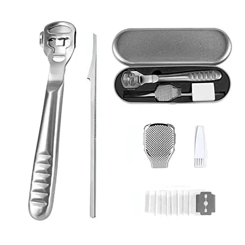 Râpe à pied Pédicure - Lime pour pieds outil de soin en Acier Inoxydable Rasoir Râpe pour Callosités dur Coupe cors Peaux dures et Mortes - Professionnel Pédicure kit Outils avec 10 Lames, Argent