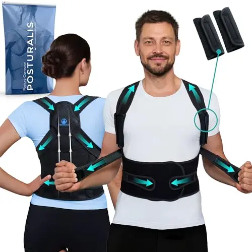 Correcteur de Posture - Ceinture Dorsale/Lombaire et Redresseur de Dos pour Soulager les Douleurs au Dos et aux Épaules - Orthèse Réglable Homme/Femme avec 2 Supports d'Épaules, (L)