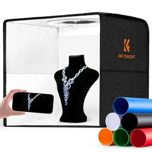 K&F CONCEPT Ensemble de Studio Photo Pliable, Kit d’éclairage Boîte à Lumière Dimmable 5600K avec Fond PVC 6 Couleurs, Alimentation USB 5V/2A pour Photographie de Bijoux Petits Objets (30cm)