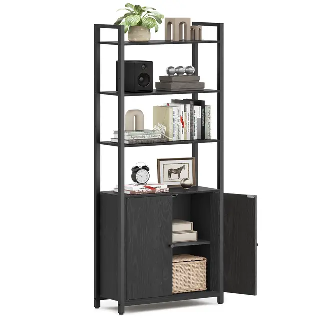 VASAGLE Bibliothèque Verticale à 6 Niveaux avec Porte, Structure en Métal, Étagères Réglables, 24 x 60 x 159,5 cm, pour Salon, Chambre, Noir Boisé et Noir d’Encre LLS133B01