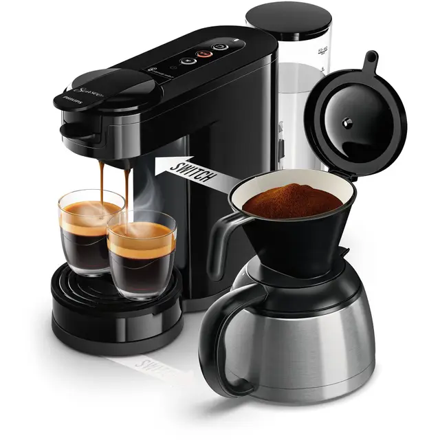 Philips Senseo Switch HD6592/64 Machine à café à dosettes et filtres, technologie d'infusion 2 en 1, réservoir d'eau de 1 litre, 7 tasses en un seul passage, noir laqué