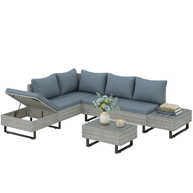 Outsunny Salon de Jardin d'angle 5 Places en Résine Tressée - Canapé Extérieur Modulable avec Méridienne Réglable - Ensemble Mobilier de Terrasse avec Table en Composite, Gris